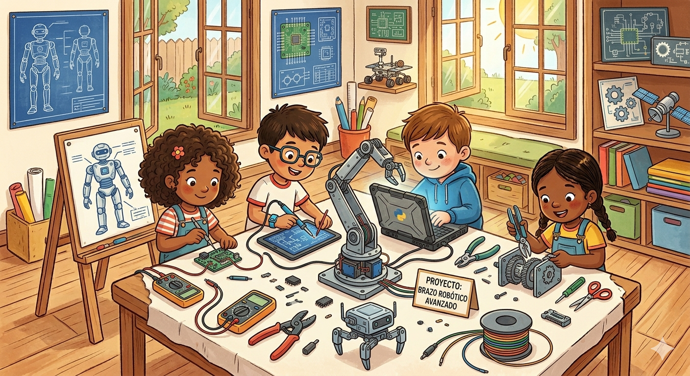 Esta imagen funciona como la interfaz visual de un OVA (Objeto Virtual de Aprendizaje) sobre robótica educativa. Muestra un entorno colaborativo donde se integran los pilares de la tecnología: mecánica (ensamblaje de piezas), electrónica (soldadura y medición de circuitos) y programación (control de software). Es un recurso diseñado para fomentar el aprendizaje activo y la alfabetización digital mediante la exploración de componentes técnicos reales.